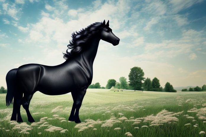 A friesian horse in a rural setting