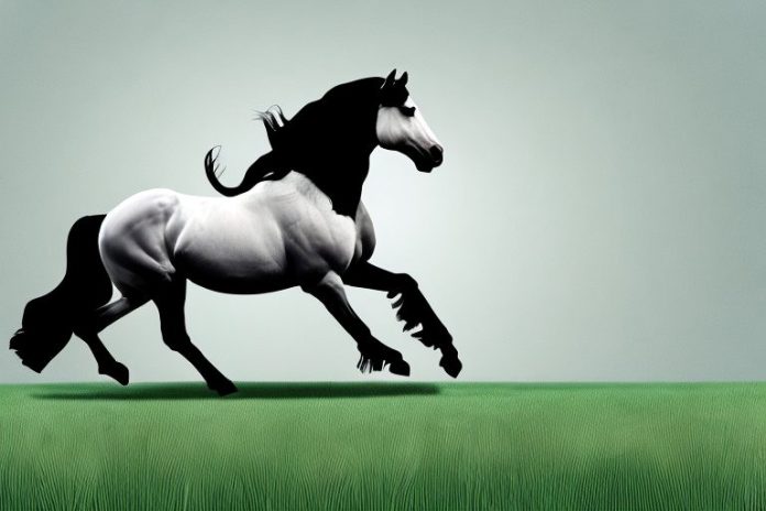 A friesian horse galloping through a grassy field in witbank