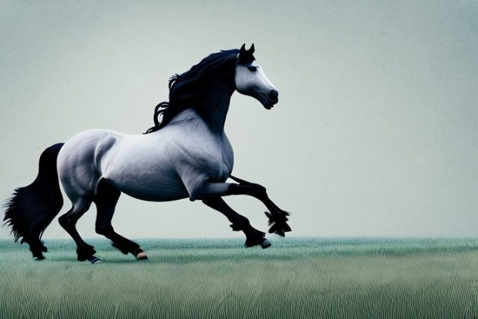 A friesian horse galloping in a field in middelburg