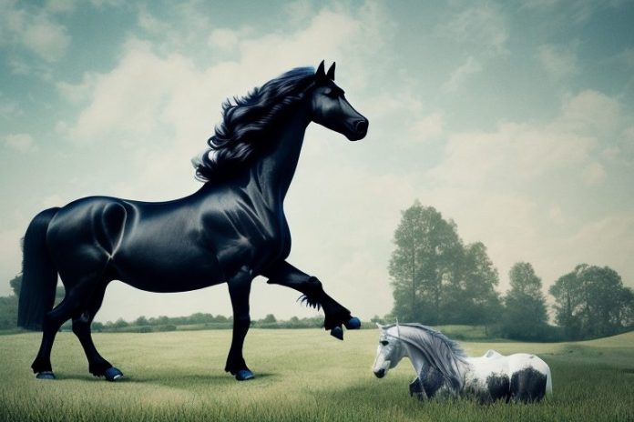 A friesian horse being ridden in a rural landscape