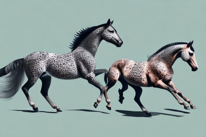 An appaloosa horse galloping in the countryside