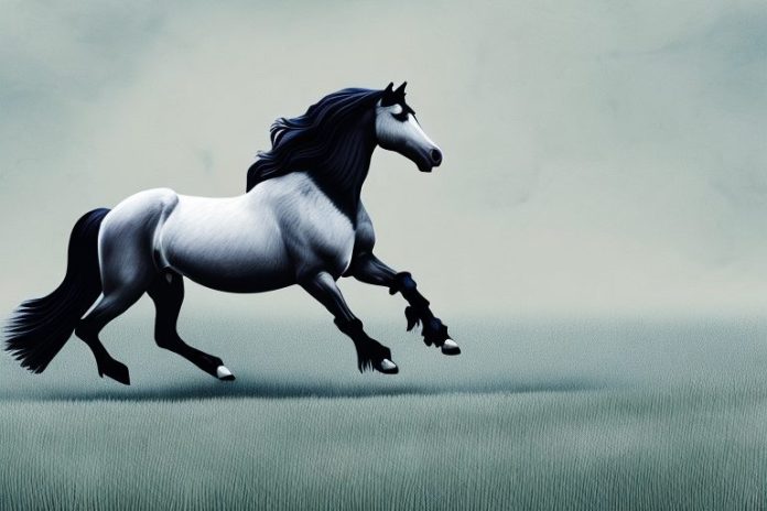A friesian horse galloping in a field in delmas