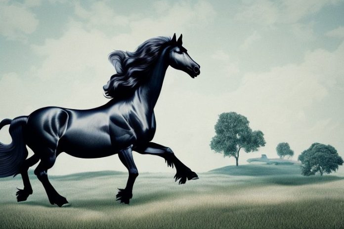 A friesian horse galloping through a rural landscape in barberton