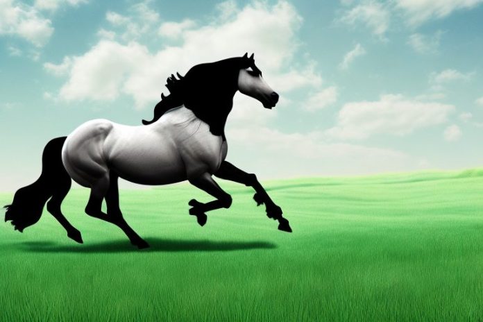 A friesian horse galloping through a grassy landscape in hazyview