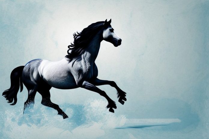 A friesian horse galloping through a white river