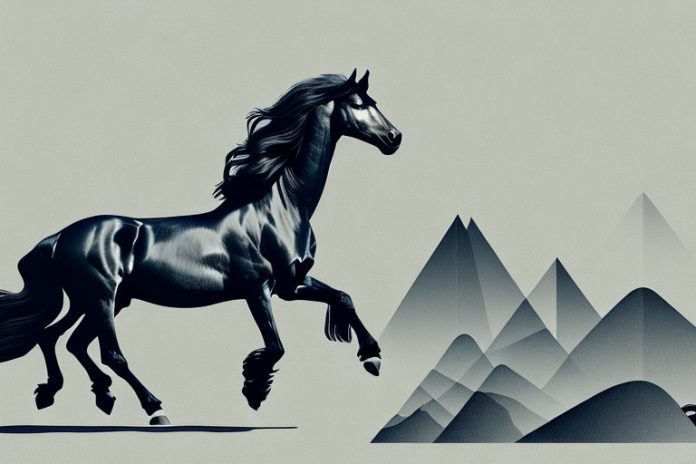 A friesian horse galloping through a scenic landscape in lydenburg