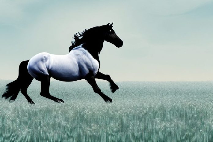A friesian horse galloping through a field in the northern cape