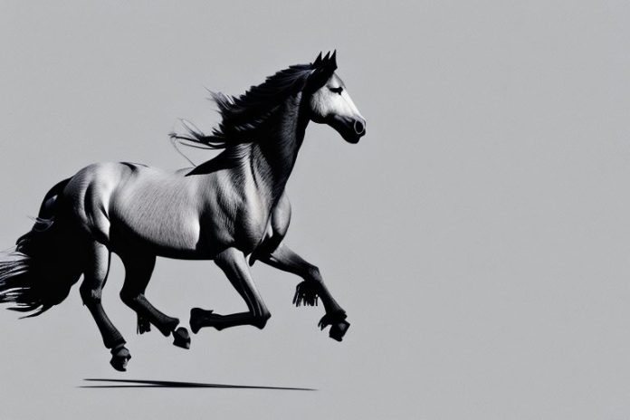 A friesian horse galloping through a desert landscape in upington