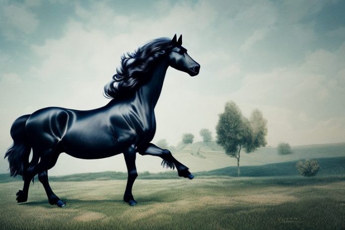 A friesian horse in a rural landscape