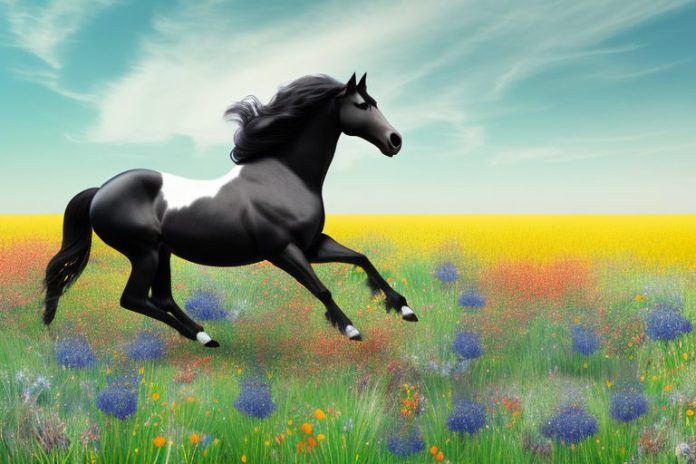A friesian horse galloping through a field of wildflowers in springbok