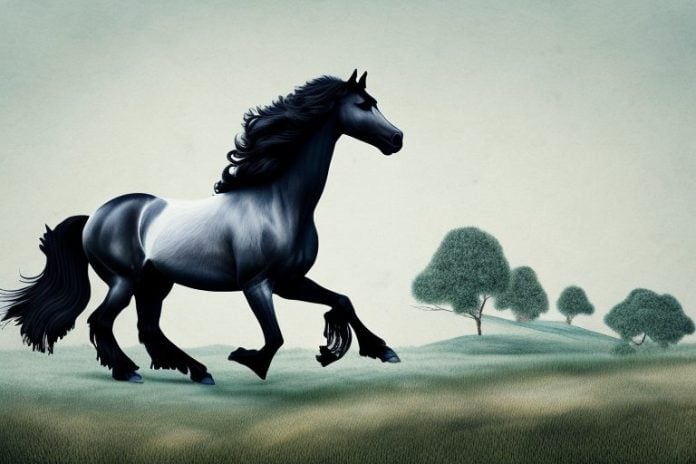 A friesian horse galloping through a rural landscape near hartswater