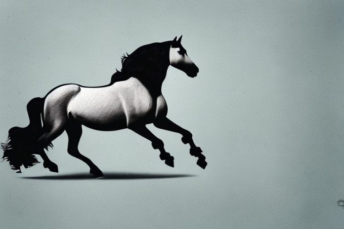 A friesian horse galloping through a rural landscape