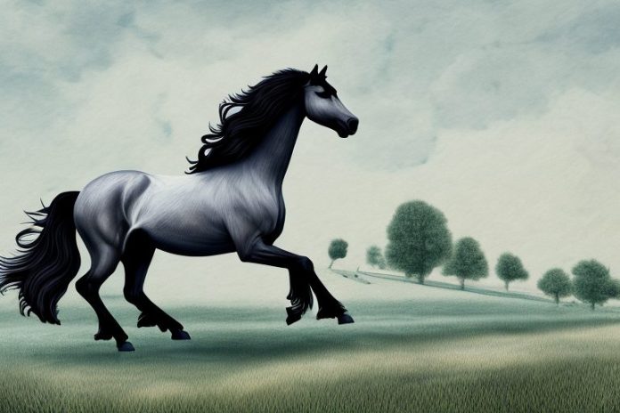 A friesian horse galloping through a countryside landscape in warrenton