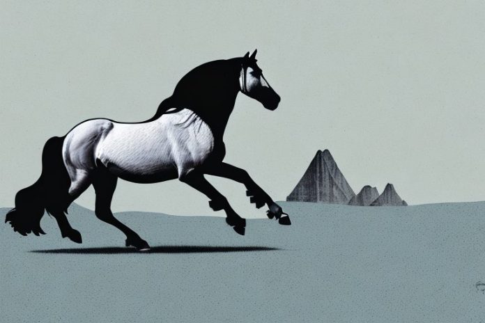 A friesian horse galloping through a countryside landscape in colesberg