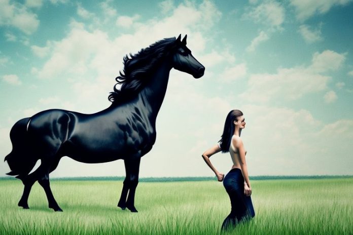 A friesian horse in a field