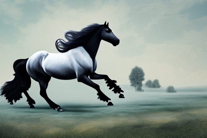 A friesian horse galloping through a rural landscape in rustenburg