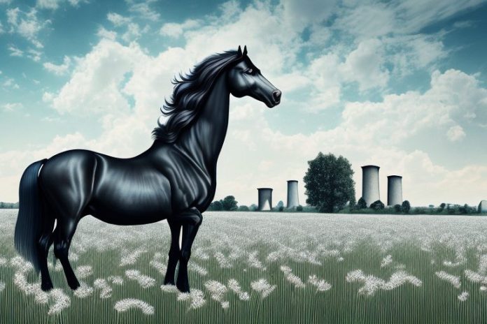 A friesian horse in a field with klerksdorp in the background