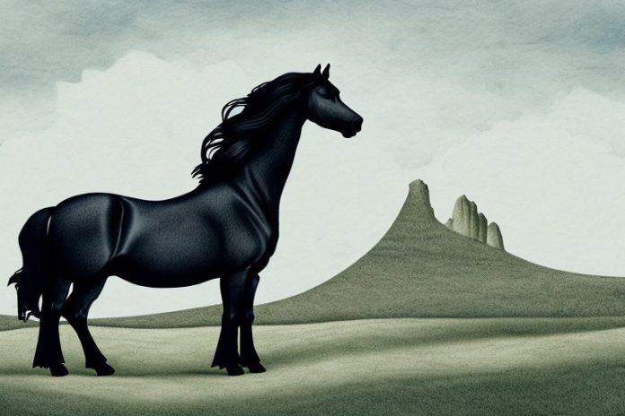 A friesian horse in a landscape in orkney