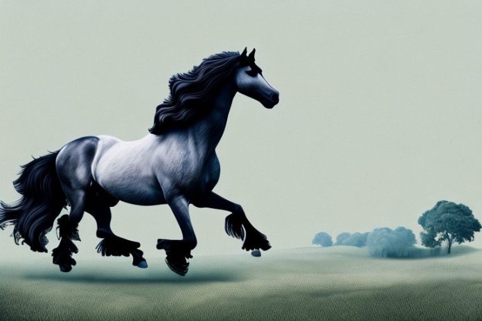 A friesian horse galloping through a rural landscape in brits