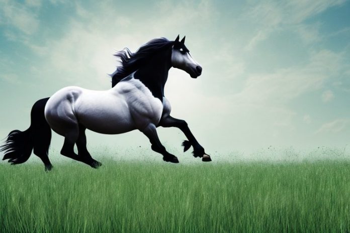 A friesian horse galloping through a grassy field in lichtenburg