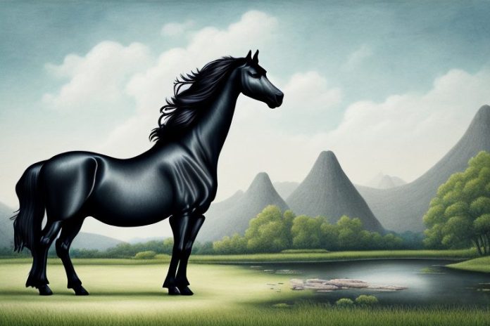 A friesian horse in a scenic landscape in hartbeespoort