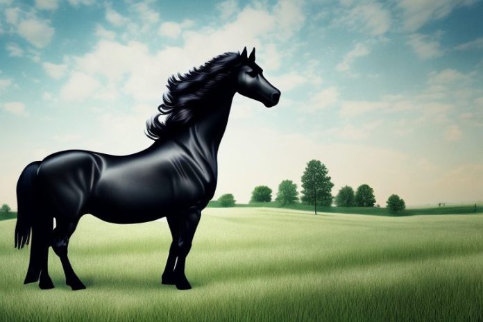 A friesian horse in a rural setting