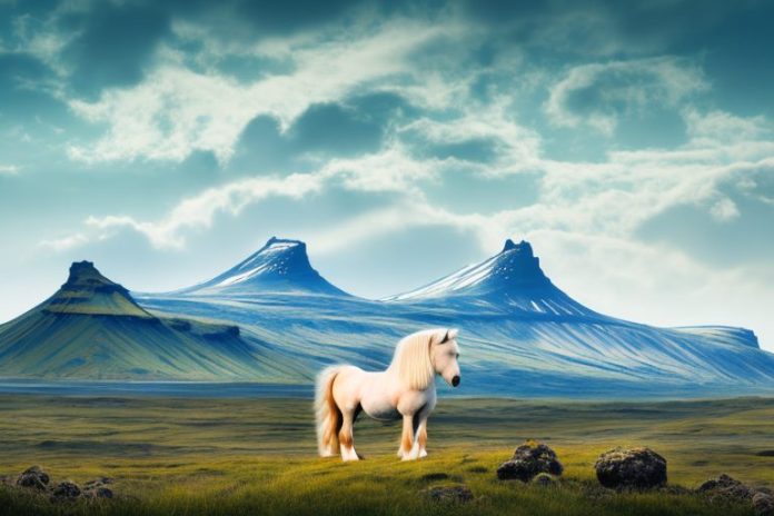 An icelandic horse in a rural landscape with a view of the botshabelo mountains in the background