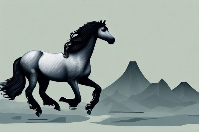 A friesian horse galloping through a scenic landscape in the western cape