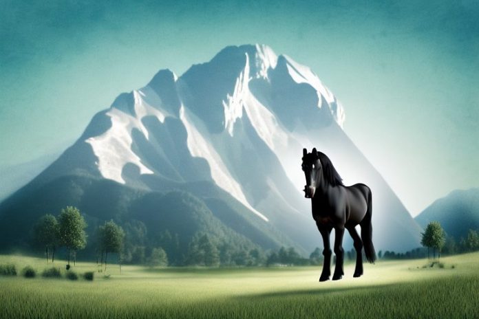 A friesian horse in a rural setting