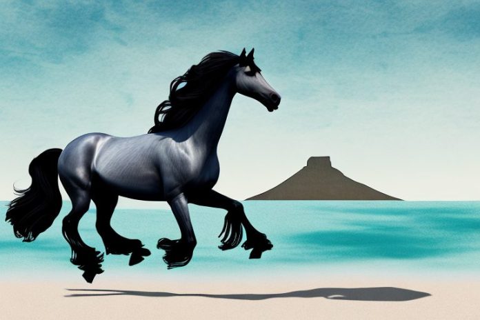 A friesian horse galloping on a beach in cape town