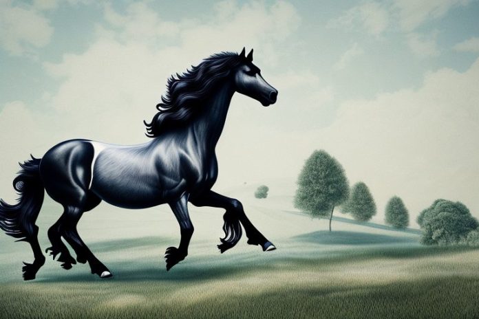 A friesian horse galloping through a rural landscape in worcester