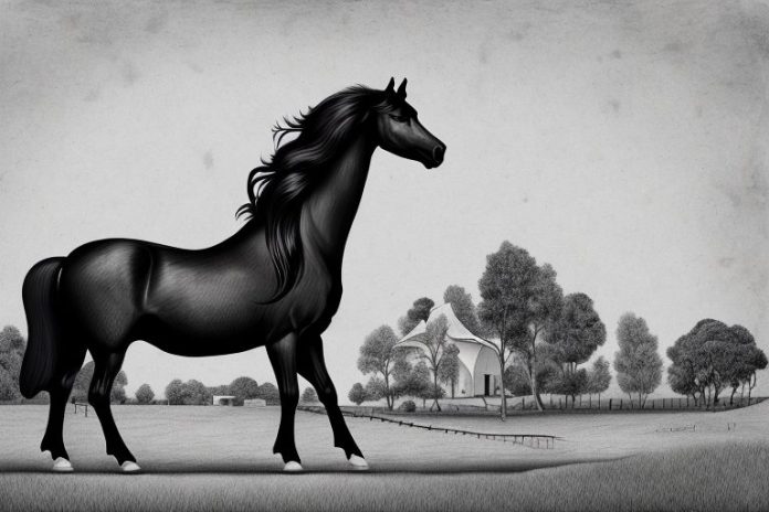A friesian horse in a rural setting in stellenbosch