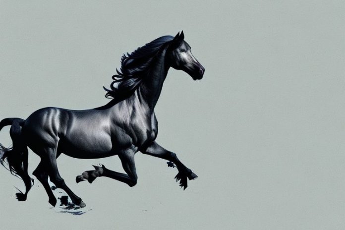 A friesian horse galloping through a somerset west landscape