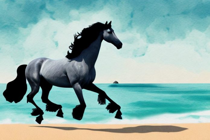 A friesian horse galloping along a beach in mossel bay