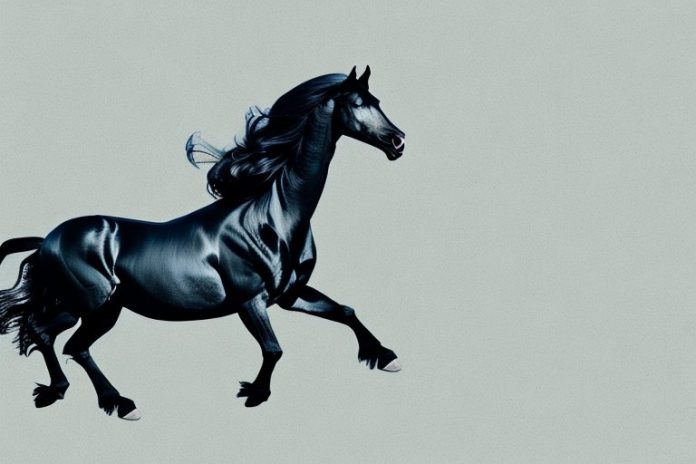 A friesian horse galloping through the countryside of oudtshoorn