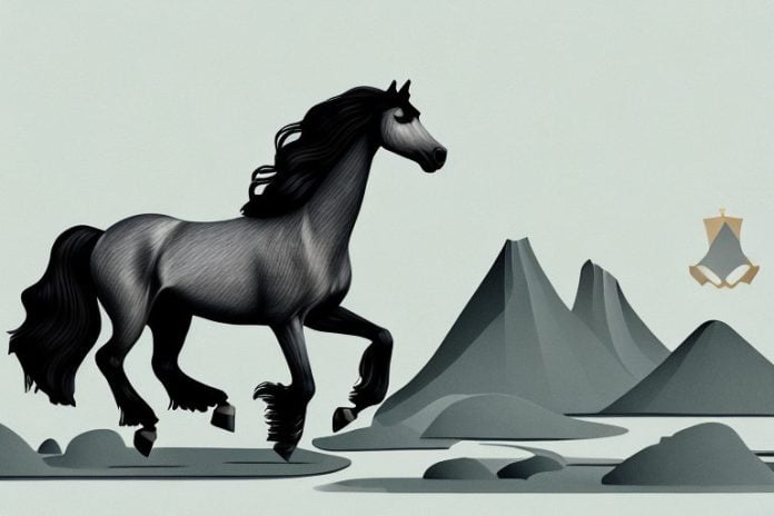 A friesian horse galloping through a scenic landscape in hermanus