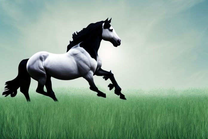 A friesian horse galloping through a grassy field in kimberley