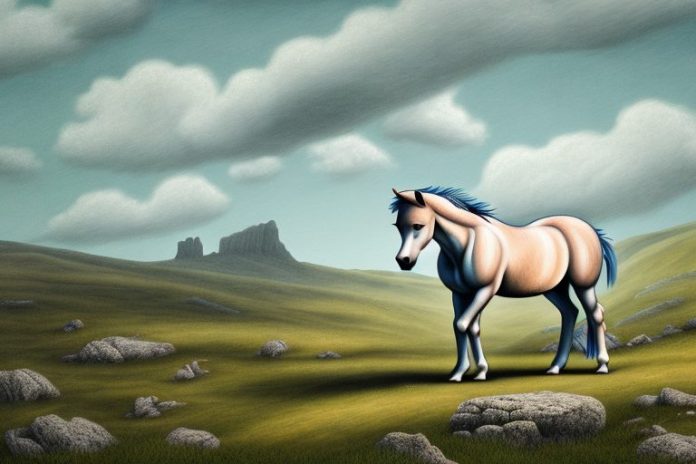 A dartmoor pony horse in a rural landscape in harrismith