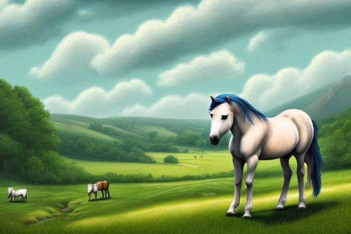 A dartmoor pony horse in a rural landscape with rolling hills
