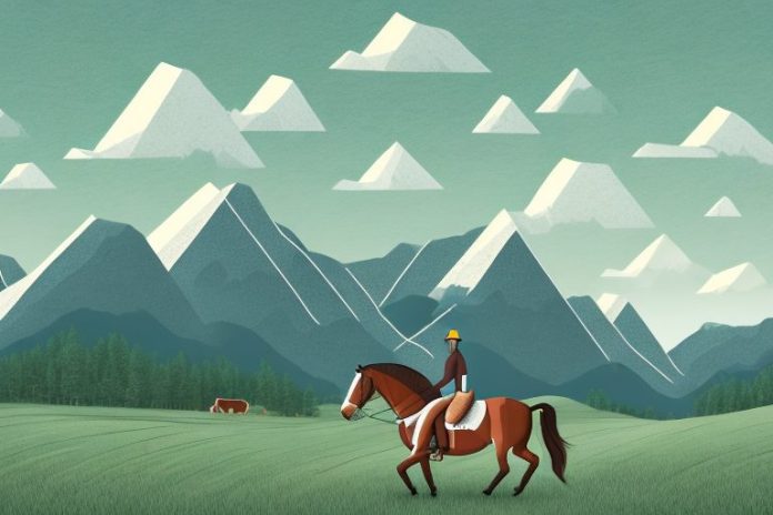 A horse and rider in a rural landscape