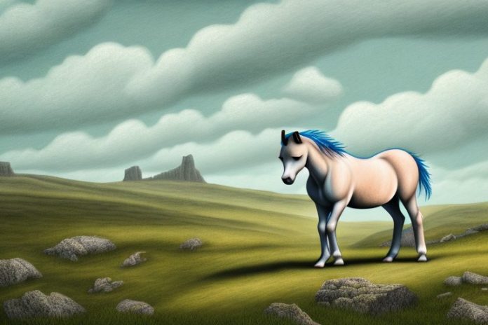 A dartmoor pony horse in a rural landscape in orkney