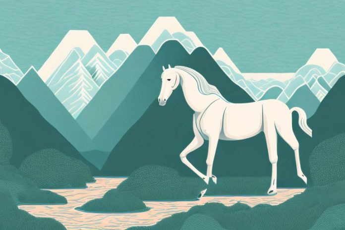 A horse standing in a mountainous landscape with a river running through it