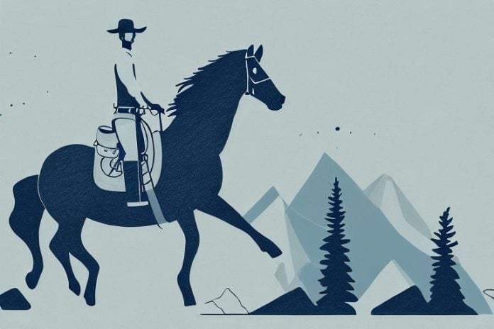 A horse and rider in the rocky mountains