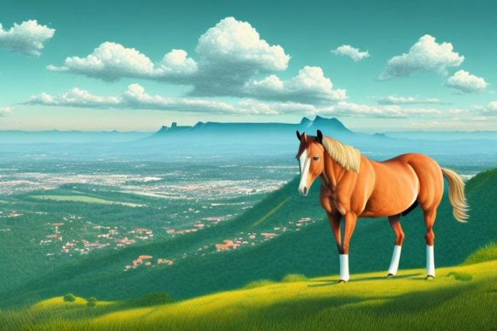 A horse standing in a mountainous landscape