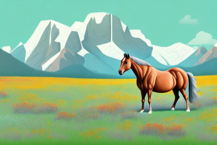 A horse standing in a field of wildflowers in the rocky mountains