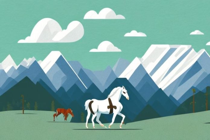 A horse and rider in the rocky mountains with a scenic landscape in the background