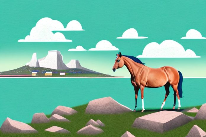 A horse standing in a rocky mountain landscape with margate in the background