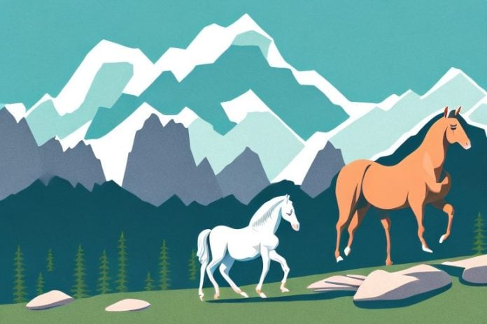 A horse in the rocky mountains with a scenic landscape in the background