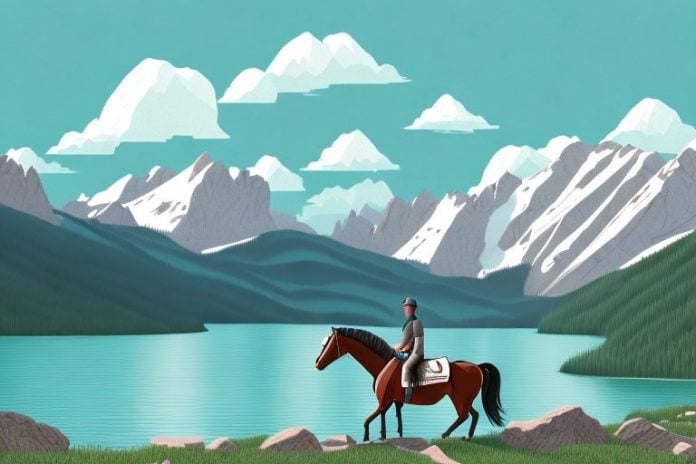 A horse and rider in the rocky mountains