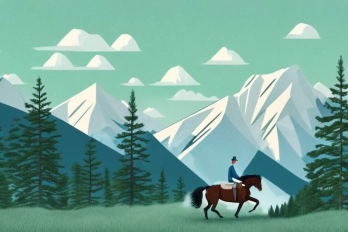 A horse and rider in the rocky mountains